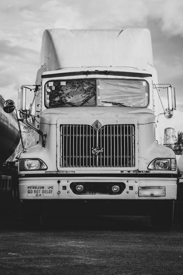 Artistic monochrome image of a parked cargo truck, showcasing the vehicle's front view with dramatic tones.